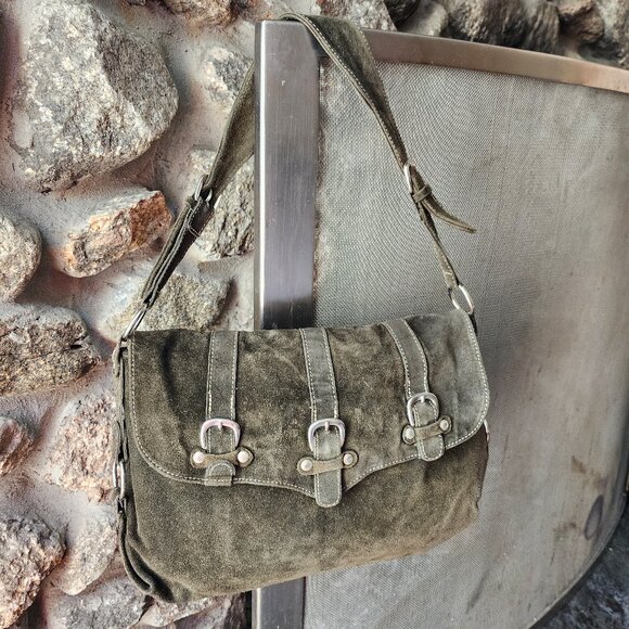 Abaco Paris Green Suede Flap-Over Shoulder Bag - Picture 3 of 16